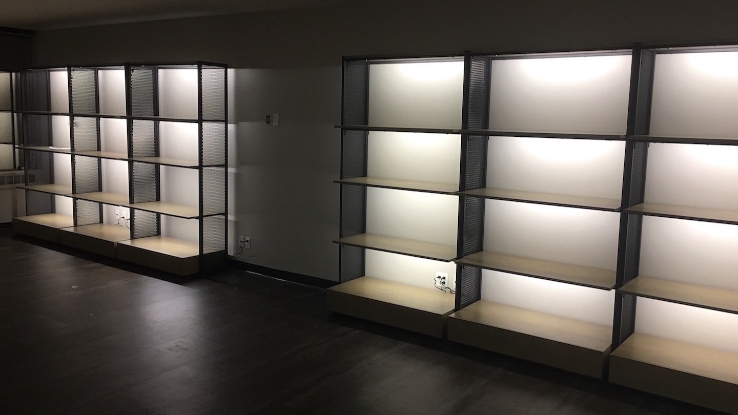 Backlit open concept display cabinets with shelves, delivered and installed.