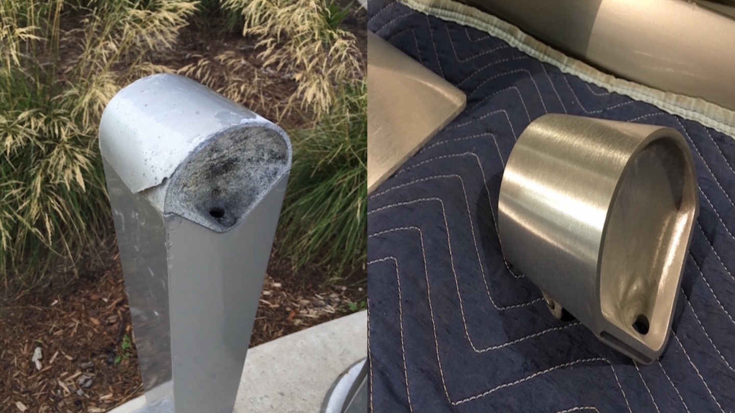 Before and after comparison of a damaged and later refurbished ash tray.