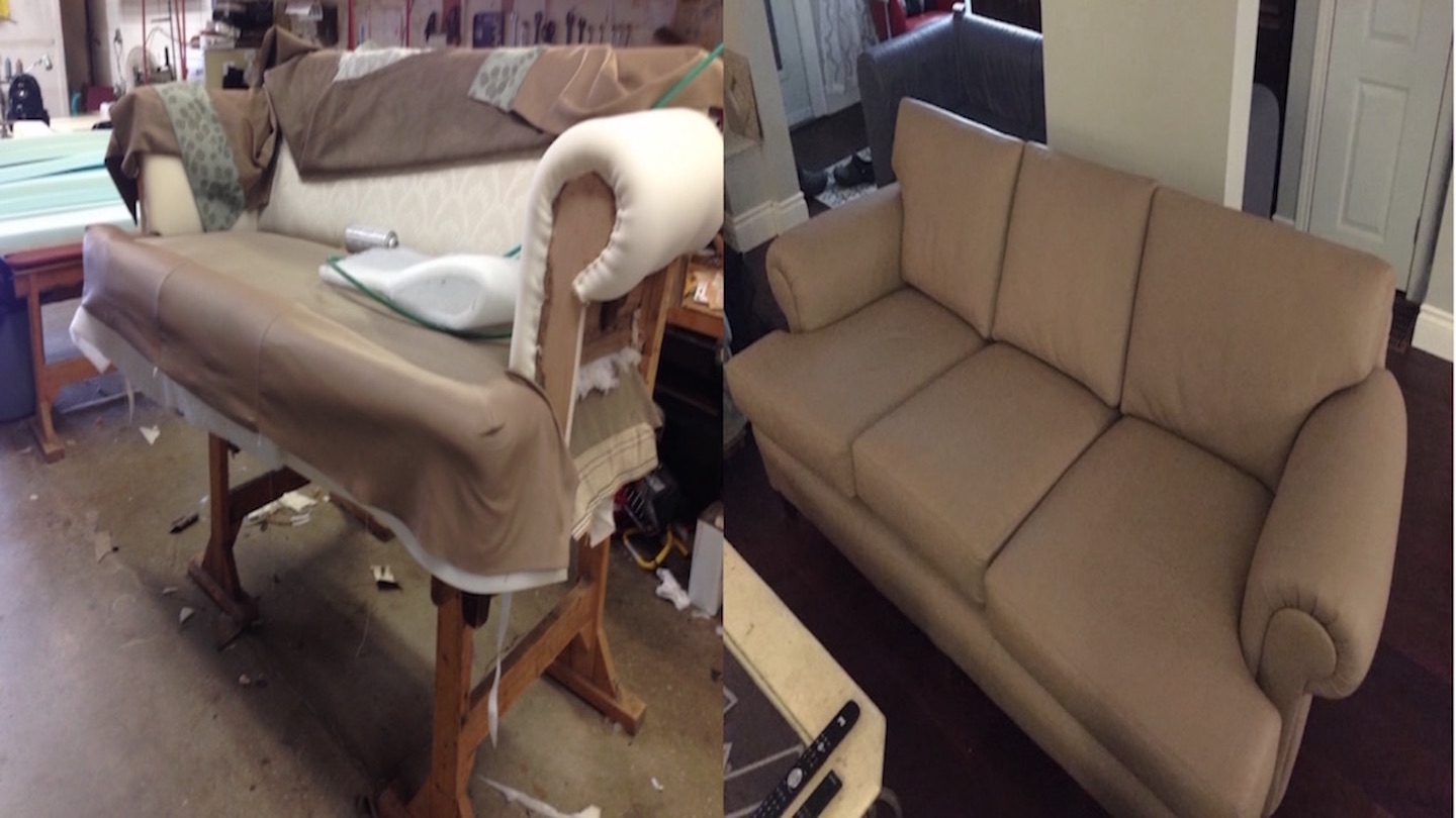 progress and completed comparison shots of a refurbished couch.