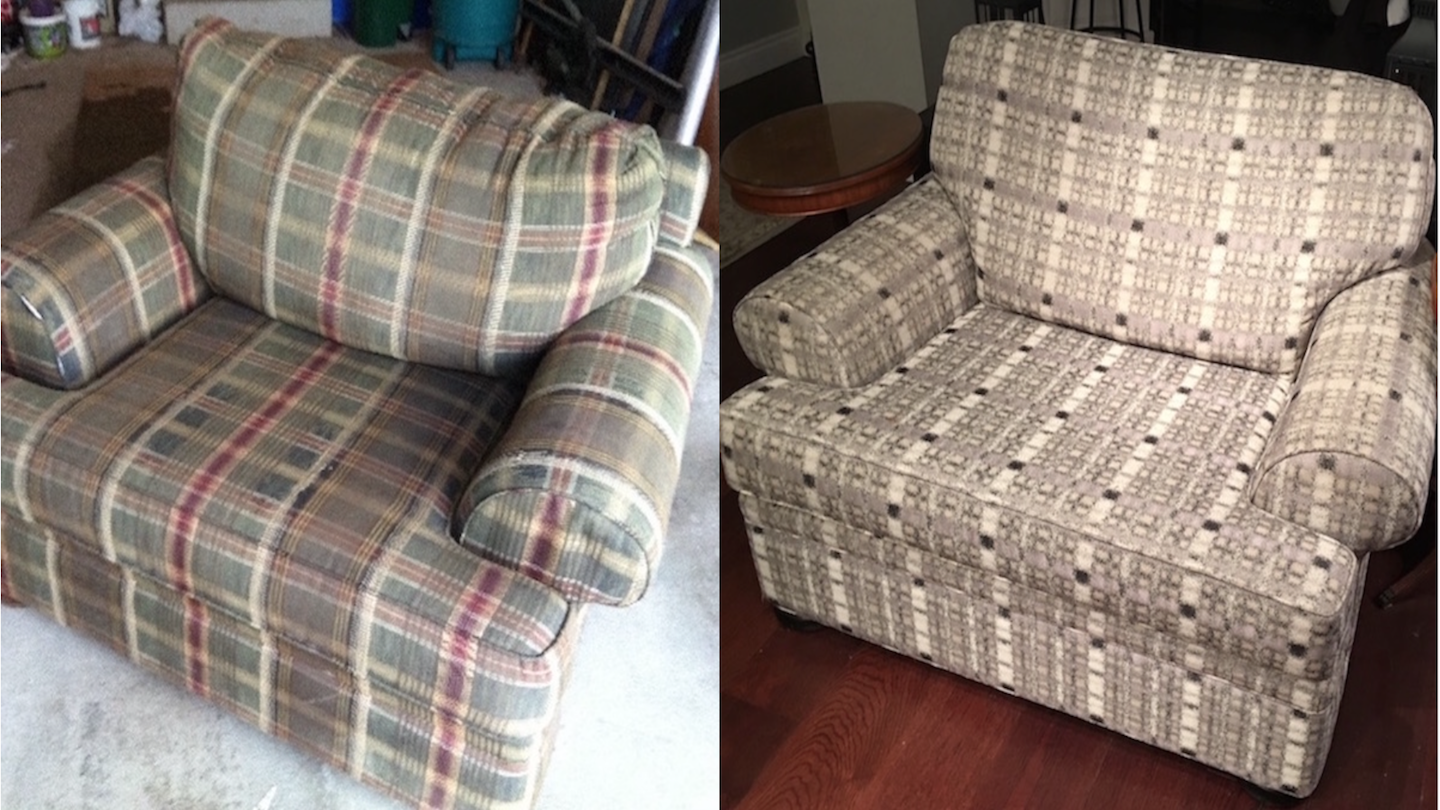 Before and after comparison of an old and later refurbished couch.